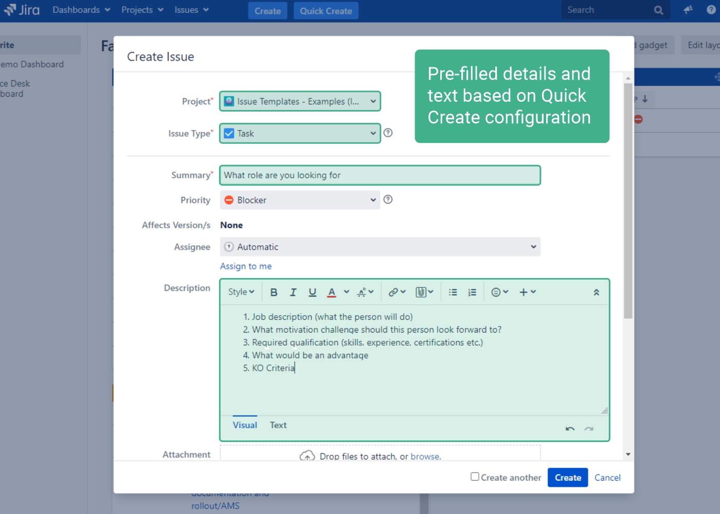 Easily create issues with Jira plugin Quick Create with Issue Templates